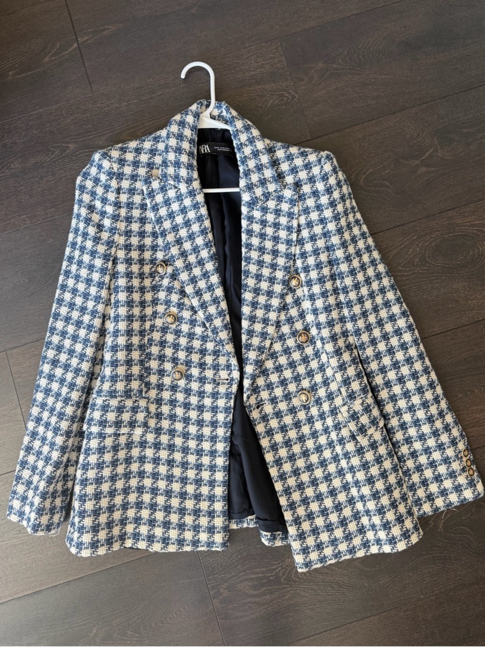 Zara Navy & White Houndstooth Double-Breasted Blazer